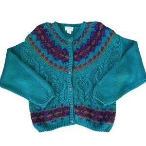 Vtg Jamie Scott Hand Knit Cardigan – Teal Fair Isle Size Large